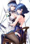  2girls absurdres ass azur_lane backless_outfit bangs bare_back black_gloves blue_hair blue_pantyhose bob_cut braid breast_press breasts brown_pantyhose chain chair chapayev_(azur_lane) cleavage cleavage_cutout clothing_cutout crossover diagonal_bangs earrings english_commentary genshin_impact gloves green_eyes hair_ornament hand_on_another&#039;s_waist hat highres ice ice_hair_ornament jacket jewelry large_breasts looking_at_viewer medium_hair military_hat miniskirt mole mole_on_breast multiple_girls musanix pantyhose peaked_cap pleated_skirt purple_eyes side_braid simple_background sitting sitting_on_lap sitting_on_person skirt symmetrical_docking white_background white_gloves white_headwear white_jacket white_skirt yelan_(genshin_impact) yuri 