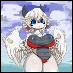  anthro big_breasts bikini blue_eyes blush breasts buster_whelp_of_the_destruction_swordsman chest_tuft claws clothing cloud commonbleat dragon duel_monster feathered_dragon feathers female fur furred_dragon hair horn huge_breasts pawpads paws red_clothing sky slightly_chubby solo swimwear thick_thighs tuft white_body white_fur white_hair wide_hips yu-gi-oh! 