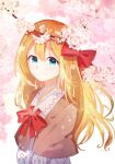  1girl absurdres ametama_(runarunaruta5656) blonde_hair blue_eyes blush bow bowtie branch brown_capelet capelet closed_mouth dress fairy fairy_wings flower hair_bow happy highres lily_white long_hair long_sleeves no_headwear outdoors pink_flower red_bow red_bowtie smile solo touhou white_dress wings 