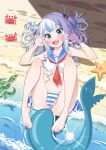  1girl absurdres barefoot beach bikini blue_eyes blue_hair blush cameltoe claw_pose crab crop_top fish_tail gawr_gura grey_hair highres hololive hololive_english lying medium_hair midriff multicolored_hair on_back sailor_collar sailor_shirt seaweed shark_girl shark_tail sharp_teeth shirt solo starfish streaked_hair striped striped_bikini swimsuit tail teeth virtual_youtuber water yokojima_kemomi_mi_chuushin 