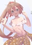  1girl bikini breasts brown_hair commentary_request cowboy_shot grey_eyes hair_ribbon highres kantai_collection kazagumo_(kancolle) kazagumo_kai_ni_(kancolle) long_hair metadio orange_sarong polka_dot polka_dot_sarong ponytail ribbon sarong see-through_sarong small_breasts solo swimsuit white_bikini 