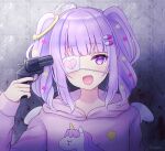  1boy ahoge bangs blunt_bangs broken_heart_print eyepatch gun gun_to_head hair_ornament hairclip holding holding_gun holding_weapon hood hood_down hoodie long_sleeves male_focus manana_(matoi1111) medium_hair original otoko_no_ko purple_eyes purple_hair purple_hoodie revolver solo speech_bubble two_side_up upper_body weapon 