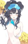  1girl animal_ears areola_slip arm_up armpits black_hair blue_archive blush breasts cheering cheerleader dog_ears extra_ears goggles goggles_on_head hibiki_(blue_archive) hibiki_(cheerleader)_(blue_archive) highres holding holding_pom_poms jumping large_breasts looking_at_viewer navel pom_pom_(cheerleading) ponytail simple_background solo star_sticker sticker_on_face wavy_hair white_background yupi_(yuyupiko01) 