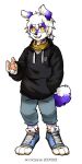  anthro artist_name asnnonaka black_clothing black_hoodie black_topwear blue_bottomwear blue_clothing blue_pants bottomwear canid clothed clothing floppy_ears front_view full-length_portrait fur glistening glistening_eyes hair hoodie looking_aside male mammal messy_hair open_mouth open_smile orange_sclera pants pawpads pink_pawpads portrait purple_body purple_fur short_hair simple_background smile solo standing topwear white_background white_body white_fur white_hair yellow_eyes 