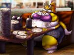  2022 absurd_res anthro belly big_belly big_breasts big_butt booth bottomwear breasts burger butt canid canine clothing container cup digital_media_(artwork) eating english_text female food fox fur furniture growling hair hi_res huge_thighs if_hell_had_a_taste mammal morbidly_obese morbidly_obese_anthro morbidly_obese_female multicolored_body multicolored_fur obese obese_anthro obese_female overweight overweight_anthro overweight_female plate ponytail shirt shorts sitting solo stuffing table text thick_thighs tiffany_brewwer topwear torn_bottomwear torn_clothing torn_shorts two_tone_body two_tone_fur viroveteruscy weight_gain 