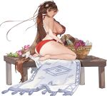  1girl ass bare_legs barefoot basket blue_eyes bottle breasts brown_hair carpet champagne_bottle covered_nipples cup daphne_(last_origin) drinking_glass floral_print flower food from_side fruit full_body game_cg grapes hair_ornament highres huge_breasts large_breasts last_origin leaf long_hair looking_at_viewer looking_back low-tied_long_hair median_furrow official_alternate_costume official_art on_table pearl_hair_ornament petals purple_flower red_one-piece_swimsuit rorobomb seashell seiza shadow shell shell_hair_ornament shiny shiny_skin shoulder_blades sideboob sitting skindentation smile solo swimsuit table tachi-e thick_thighs thighs transparent_background very_long_hair white_one-piece_swimsuit wristband 