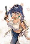  1girl bangs blue_eyes blue_hair bow bow_earrings breasts bullet_hole denim earrings gun hair_intakes handgun highres holding holding_gun holding_weapon hololive hololive_english jeans jewelry open_clothes open_shirt ouro_kronii pants santafe99 short_hair sideboob solo sports_bra virtual_youtuber weapon 