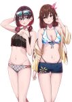  2girls alternate_costume alternate_hairstyle arm_at_side arm_up azki_(hololive) bangs bare_shoulders bikini black_bikini blue_nails blue_shorts blush breasts brown_hair cleavage collarbone colored_inner_hair eyewear_on_head facial_mark feet_out_of_frame frilled_bikini frills groin halterneck hand_in_own_hair hand_on_own_chest highleg highleg_bikini highres hololive jacket long_hair looking_at_another looking_to_the_side low_twintails medium_breasts medium_hair mismatched_bikini multicolored_hair multiple_girls narumi_nanami navel off_shoulder open_mouth pink_eyes pink_hair pink_nails short_shorts short_twintails shorts side_ponytail sidelocks simple_background smile standing sunglasses swimsuit tokino_sora twintails virtual_youtuber white_background yellow_eyes yellow_jacket 
