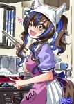  1girl apron blush cooking daitaku_helios_(umamusume) dated hair_between_eyes hair_ornament highres kitchen long_hair looking_at_viewer multicolored_hair one_eye_closed open_mouth signature solo takana_shinno two-tone_hair umamusume window yellow_eyes 