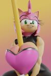  2022 3d_(artwork) absurd_res amy_rose anthro between_breasts big_breasts breasts butterdubious cleavage clothed clothing cosplay digital_media_(artwork) eulipotyphlan female gloves green_eyes hair handwear hedgehog hi_res huge_breasts looking_at_viewer mammal pink_hair pole rouge_the_bat sega simple_background smile solo sonic_the_hedgehog_(series) 