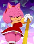  2022 abstract_background amy_rose anthro bigdon1992 black_nose clothing digital_media_(artwork) eulipotyphlan eyelashes eyes_closed female fingers genitals hedgehog hi_res mammal pussy sega smile solo sonic_the_hedgehog_(series) 