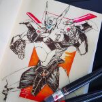  2018 assault_visor av-xo_type_zero english_commentary fighting_stance kidou_keisatsu_patlabor looking_ahead mar-c! marker marker_(medium) mecha no_humans open_hands photo_(medium) police robot science_fiction solo traditional_media 