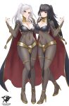  2girls absurdres artist_logo artist_name black_hair blush bodystocking breasts brown_eyes cape cleavage cleavage_cutout clothing_cutout commission cosplay fire_emblem fire_emblem_awakening full_body hair_ornament high_heels highres kaos_art large_breasts long_hair multiple_girls navel robin_(fire_emblem) robin_(fire_emblem)_(female) simple_background stomach tharja_(fire_emblem) tharja_(fire_emblem)_(cosplay) twintails white_background white_hair 
