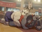  2022 absurd_res anthro black_body bodily_fluids chinese_text english_text group hi_res humanoid_hands kemono lagomorph leporid male male/male mammal musclegut overweight overweight_male piero03432812 rabbit sweat text ursid white_body wrestling wrestling_singlet 
