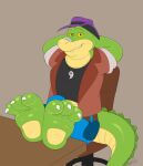  2022 3_toes alligator alligatorid anthro bottomwear brok_(character) brok_the_investigator chair clothing crocodilian feet foot_fetish furniture hat headgear headwear hi_res male pants reptile scalie shirt sitting slimefur solo toes topwear video_games 