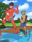  anthro anthrofied blue_briefs blue_clothing blue_underwear bottomwear briefs briefs_only bulge chespin cid_(fuze) clothed clothing fuze gao_(fuze) generation_3_pokemon generation_6_pokemon generation_7_pokemon grey_briefs grey_clothing grey_underwear group hi_res jumping lake lucas_(fuze) male marshtomp navel nintendo nipples outside partially_clothed partially_submerged pier pokemon pokemon_(species) pokemorph shorts shorts_down swimming topless torracat trio underwear underwear_only undressing video_games water white_seam_briefs 