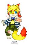  2016 anthro artist_name asnnonaka black_clothing black_topwear blonde_hair blue_clothing blue_collar blue_eyes blue_topwear bottomwear chibi closed_smile clothed clothing collar dated domestic_cat felid feline felis front_view full-length_portrait fur glistening glistening_eyes green_bottomwear green_clothing green_eyes green_pants hair heterochromia male mammal mouth_closed pants pattern_clothing pattern_topwear portrait red_body red_fur simple_background solo striped_clothing striped_topwear stripes topwear white_background white_clothing white_topwear yellow_body yellow_clothing yellow_fur yellow_topwear 