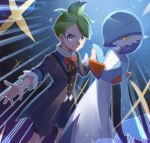  1boy alternate_color black_shorts bow bowtie buttons closed_mouth commentary_request gardevoir green_hair grey_eyes highres holding_hands male_focus mocacoffee_1001 official_alternate_costume orange_bow orange_bowtie pokemon pokemon_(creature) pokemon_(game) pokemon_masters_ex shiny_pokemon short_hair shorts signature smile sparkle wally_(pokemon) 