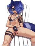  1girl animal_ears bikini black_gloves black_nails blue_eyes blue_hair breasts female_masturbation fingering fingerless_gloves gloves hair_over_one_eye highres indie_virtual_youtuber masturbation nail_polish navel o-ring o-ring_bikini o-ring_thigh_strap pussy raccoon_ears raccoon_girl raccoon_tail seraziel short_hair sitting small_breasts snuffy_(vtuber) solo swimsuit tail thigh_strap uncensored vaginal virtual_youtuber 