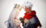  1boy armor bangs cape closed_eyes closed_mouth commentary_request crown dark_skin detached_sleeves dsk_kko emiya_kiritsugu emiya_kiritsugu_(assassin) fate/grand_order fate_(series) fingerless_gloves gloves gradient gradient_background hair_between_eyes hand_up hood irisviel_von_einzbern irisviel_von_einzbern_(caster) long_hair looking_at_another red_hood short_hair shoulder_armor simple_background upper_body white_hair 