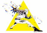  1boy belt black_eyes chromatic_aberration genos hood hoodie mechanical_arms monochrome one-punch_man open_mouth r8 short_hair simple_background solo torn_clothes triangle white_background 