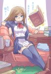  1girl ascot blue_eyes blue_thighhighs book breasts brown_hair capelet castlevania castlevania:_portrait_of_ruin charlotte_aulin closed_mouth cup dress glasses highres long_hair oyster_(artist) sitting skirt solo thighhighs 