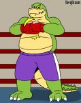  2022 alligator alligatorid anthro belly biped bottomwear boxing_gloves boxing_shorts brok_(character) brok_the_investigator clothing crocodilian fighting_ring gigizadragon green_body handwear male reptile scalie shorts solo video_games 