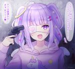  1boy ahoge bangs blunt_bangs broken_heart_print eyepatch gun gun_to_head hair_ornament hairclip heart holding holding_gun holding_weapon hood hood_down hoodie long_sleeves male_focus manana_(matoi1111) medium_hair original otoko_no_ko purple_eyes purple_hair purple_hoodie revolver solo speech_bubble spoken_heart translation_request two_side_up upper_body weapon 