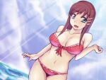  1girl :d breasts brown_hair cloud collarbone green_eyes hair_ornament hairclip large_breasts light_rays long_hair looking_at_viewer navel open_mouth smile solo sophia_esteed star_ocean star_ocean_till_the_end_of_time swimsuit water 