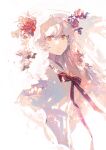  1girl arcaea backlighting bangs character_request closed_mouth dress expressionless flower glowing hair_flower hair_ornament highres lobelia_(saclia) looking_at_viewer neck_ribbon pink_hair red_eyes red_flower red_ribbon red_rose ribbon rose sailor_collar simple_background solo standing upper_body white_background white_dress white_sailor_collar 