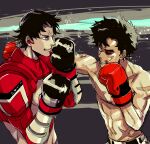  black_hair boxing boxing_gloves bruise bruised_eye earpiece egg_(cknlun) eye_contact fighting grey_background injury joe_(megalo_box) looking_at_another megalo_box punching scar scar_on_arm scar_on_cheek scar_on_face scar_on_stomach shirato_mikio toned topless_male upper_body 