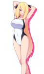  1girl alternate_breast_size alternate_costume arms_behind_head bangs blonde_hair breasts bright_pupils commentary_request covered_navel cynthia_(pokemon) grey_eyes hair_ornament hair_over_one_eye highres knees long_hair looking_at_viewer madoka_(user_zrnk8278) one-piece_swimsuit pokemon pokemon_(game) pokemon_dppt shiny shiny_hair simple_background smile solo swimsuit white_background white_one-piece_swimsuit 