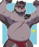  2022 anthro beard blush brown_body bulge canid canine canis clothing facial_hair hi_res humanoid_hands kemono male mammal musclegut overweight overweight_male scar solo tattoo underwear whitebeast20 wolf 