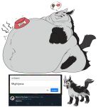  3_toes absurd_res ambiguous_gender belly big_belly black_hair black_inner_ear black_mane black_tail bodily_fluids chubby_cheeks claws double_chin drooling drumstick_(food) feet feral fur generation_3_pokemon grey_belly grey_body grey_fur hair hi_res hyper hyper_belly immobile mane mightyena morbidly_obese morbidly_obese_feral motion_lines navel nintendo nude obese obese_feral overweight overweight_feral pet_bowl pokemon pokemon_(species) red_eyes red_nose rumbling_stomach saliva simple_background sitting solo speech_bubble tears toes turly11 video_games white_background yellow_sclera 