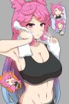  &gt;_&lt; &gt;o&lt; 1girl absurdres alternate_costume animal_ears armpits bangs bare_shoulders bike_shorts blue_hair bound cleo_(dragalia_lost) dragalia_lost drinking dumbbell english_text exercise exhausted hair_ornament hairclip hand_on_own_face hand_towel help hexelsafe highres jump_rope long_hair looking_at_viewer lying midriff motion_lines multicolored_hair multiple_views navel on_back pink_hair rabbit_ears sitting sports_bra sportswear struggling sweat tears tied_up_(nonsexual) two-tone_hair very_long_hair 