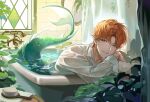  1boy bathtub bishounen fish_tail green_eyes haoxiangtuixiu44613 highres light_and_night_love looking_at_viewer male_focus merman monster_boy orange_hair shirt short_hair smile solo tail wet wet_clothes white_shirt xia_mingxing 