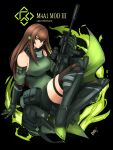  1girl absurdres arm_support armored_boots assault_rifle bangs bare_shoulders black_background black_footwear black_gloves black_shorts black_thighhighs boots breasts brown_hair character_name closed_mouth commentary copyright_name detached_sleeves elbow_gloves girls&#039;_frontline gloves green_shirt green_sleeves gun hair_between_eyes highres holding holding_gun holding_weapon knee_boots long_hair looking_at_viewer m4_carbine m4a1_(girls&#039;_frontline) medium_breasts name_connection object_namesake orange_eyes rifle shirt short_shorts shorts sleeveless sleeveless_shirt solo thighhighs thighhighs_under_boots very_long_hair warfakaid weapon 