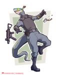  2022 anthro beverage boots clothed clothing colored container cup darbaras dart dropping footwear gloves gun handwear hi_res lizard male patreon ranged_weapon reptile scalie shocked solo text tranquilizer url weapon 