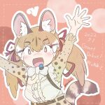  1girl animal_costume animal_ear_fluff animal_ears belt bow bowtie brown_eyes brown_hair cat_ears cat_girl cat_tail extra_ears kemono_friends kemono_friends_v_project large-spotted_genet_(kemono_friends) long_hair looking_at_viewer microphone multicolored_hair open_mouth ribbon shirabaki shirt simple_background skirt smile solo tail virtual_youtuber 