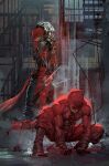  1boy 1girl alley black_hair black_pants black_shirt bodysuit boots cable comic_cover cover_image daredevil elektra_natchios english_commentary fire_escape highres holding holding_weapon horns kael_ngu looking_down marvel mask matt_murdock official_art pants red_bodysuit red_footwear red_scarf sai_(weapon) scarf shirt squatting superhero weapon western_comics_(style) 