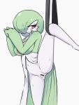  1girl anus bangs bar_censor bob_cut breasts censored colored_skin commentary_request gardevoir green_hair green_skin hair_over_one_eye half-closed_eyes hands_up highres ikuzonomiki12 large_breasts leg_up legs looking_to_the_side multicolored_skin navel nervous one_eye_covered open_mouth own_hands_together pokemon pokemon_(creature) red_eyes short_hair simple_background split spread_legs standing standing_on_one_leg standing_split stomach sweat textless_version thighs two-tone_skin white_background white_skin 