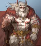  abs absurd_res afk_arena anthro brutus_(afk_arena) cloak clothing felid hi_res horn_jewelry jewelry lion male mammal muscular muscular_male pantherine red_tattoo simple_background solo tattoo tribal tribal_jewelry white_body wulfer-shepherd yellow_eyes 