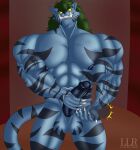  abs absurd_res anthro balls biceps blue_body blue_fur bodily_fluids byakko_(yu_yu_hakusho) demon digital_media_(artwork) erection fangs felid fur genital_fluids genitals green_hair hair hi_res humanoid_genitalia humanoid_penis klr-rio looking_at_viewer male mammal muscular muscular_anthro muscular_male nails nipples nude pantherine pecs penis penis_grab penis_slap precum sabertooth_(anatomy) sharp_nails showing_teeth simple_background slap smile solo stripes tiger tusks yu_yu_hakusho 