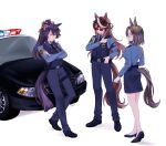  3girls air_groove_(umamusume) alternate_costume animal_ears bandaid bandaid_on_face bandaid_on_nose bangs baton_(weapon) belt black_hair black_necktie blue_pants blue_shirt car closed_mouth collared_shirt crossed_arms ground_vehicle high_heels highres holster horse_ears horse_girl horse_tail loafers long_hair long_sleeves motor_vehicle mouth_hold multicolored_hair multiple_girls narita_brian_(umamusume) necktie open_mouth pants pencil_skirt police police_car police_uniform policewoman pony pouch red_eyes rio_(rio_067) shirt shoes skirt stalk_in_mouth standing streaked_hair sunglasses symboli_rudolf_(umamusume) tail tail_through_clothes thigh_holster twitter_username umamusume uniform vest walkie-talkie weapon white_background yellow_eyes 