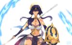  1girl ankh artist_name blue_hair blurry blurry_background breasts candace_(genshin_impact) circlet cleavage closed_mouth commentary dark-skinned_female dark_skin dot_nose egiiiii1234 egyptian_clothes expressionless facing_viewer genshin_impact gold_trim heterochromia highres holding holding_polearm holding_weapon jewelry large_breasts light_frown looking_at_viewer low_twintails millennium_eye navel neck_ring polearm purple_eyes purple_hair revealing_clothes shield simple_background single_bare_shoulder solo sparkle symbol-only_commentary twintails weapon white_background yellow_eyes 