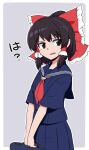  1girl alternate_costume blue_sailor_collar blue_shirt blue_skirt border bow briefcase brown_eyes brown_hair frilled_bow frilled_hair_tubes frills hair_tubes hakurei_reimu holding holding_briefcase neckerchief open_mouth red_bow red_neckerchief sailor_collar school_uniform serafuku shio_(futatsumami) shirt short_sleeves sidelocks skirt solo touhou translation_request upper_body white_border 