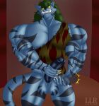  absurd_res anthro balls biceps blue_body blue_fur bodily_fluids bottomless byakko_(yu_yu_hakusho) clothed clothing demon digital_media_(artwork) erection fangs felid fur genital_fluids genitals green_hair hair hi_res humanoid_genitalia humanoid_penis klr-rio looking_at_viewer male mammal muscular muscular_anthro muscular_male nails nipples pantherine pecs penis penis_grab penis_slap precum sabertooth_(anatomy) sharp_nails showing_teeth simple_background slap smile solo stripes tiger topwear tusks vein veiny_muscles yu_yu_hakusho 