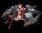  1girl ascot bangs bison_cangshu black_surge_night brown_shirt brown_thighhighs collared_shirt garter_straps high_heels highres jacket looking_at_viewer open_clothes open_jacket open_mouth red_ascot red_hair red_jacket red_skirt shirt skirt solo thighhighs turret 