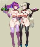  2girls absurdres anal_beads black_bow bow braid breasts choker corset dildo egg_vibrator elbow_gloves fate/grand_order fate_(series) french_braid gloves high_heels highres large_breasts lipstick makeup maybe_its_mayvi morgan_le_fay_(fate) multiple_girls nipples ponytail purple_hair purple_ribbon pussy red_eyes remote_control_vibrator ribbon scathach_(fate) scathach_skadi_(fate) sex_toy shibari simple_background thighhighs tray vibrator 
