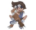  1boy agumon brown_hair brown_shorts child colored_skin digimon digimon_(creature) digimon_adventure gloves goggles goggles_on_head happy highres hug open_mouth orange_skin shorts star_(symbol) tantanmen teeth white_gloves yagami_taichi 